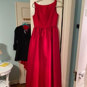Red satin ball gown